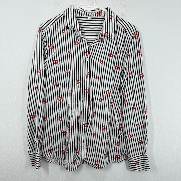 Jane + Delancey Striped Heart Print Button Down Shirt - Size M - Picture 1 of 8